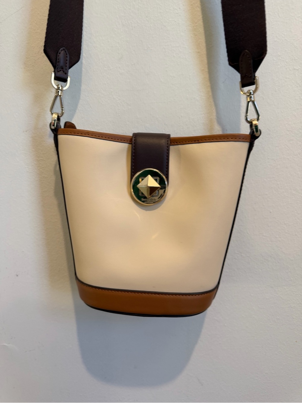 Two-Tone Cream and Brown Bucket Crossbody Bag with Gold Accent